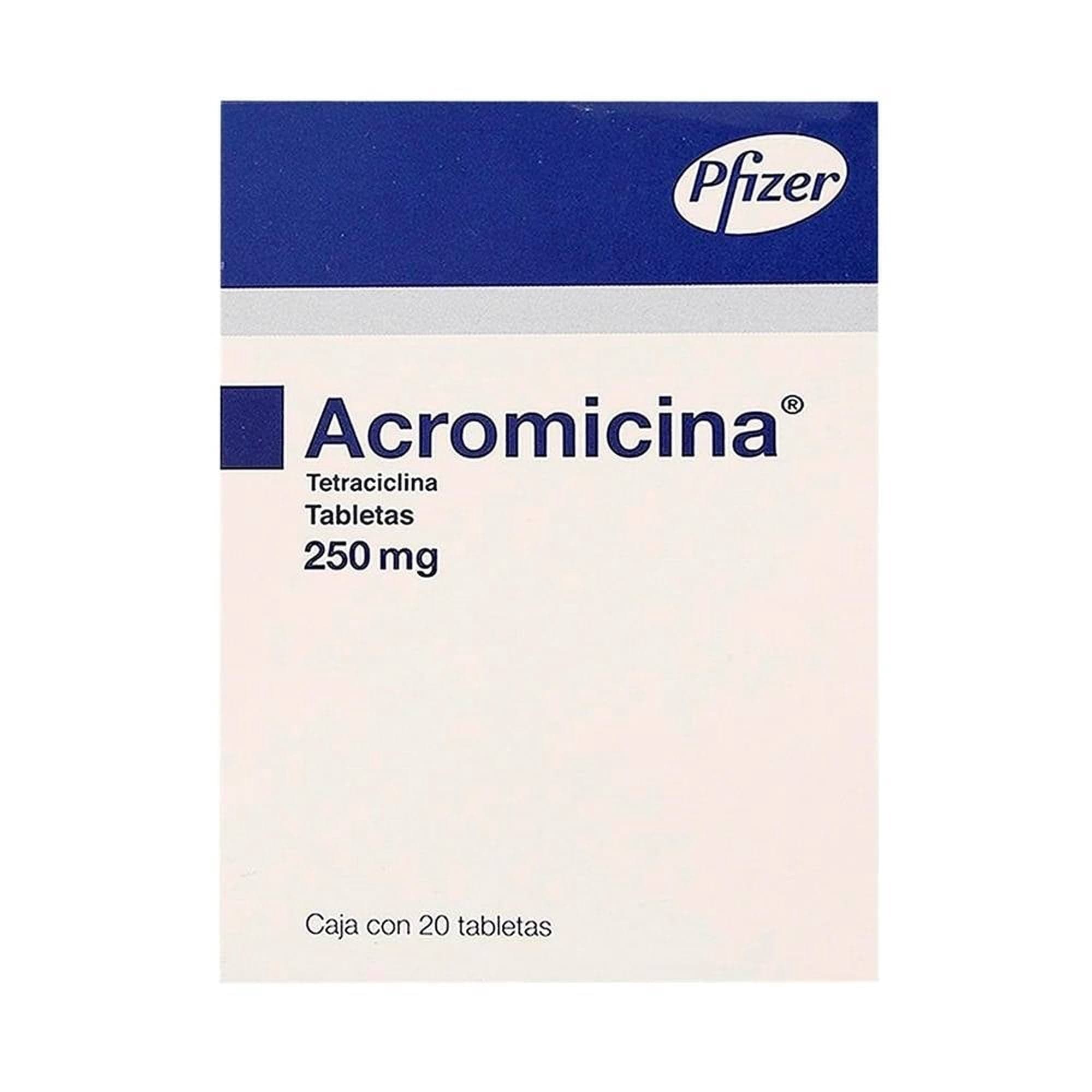 Acromicina tetraciclina 250 mg, caja con 20 tabletas